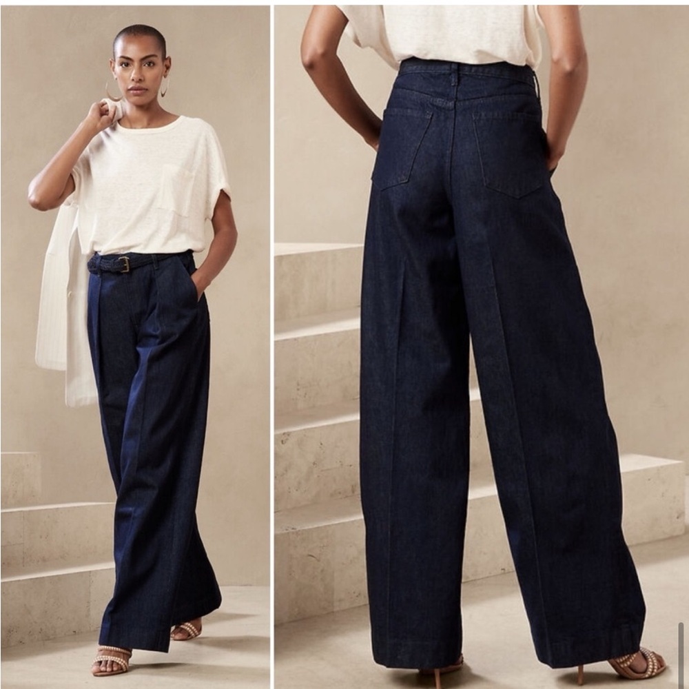 Banana Republic Wide Leg Jeans Pant High Rise Dark Denim Pleated NWT 28/6 - Picture 1 of 13